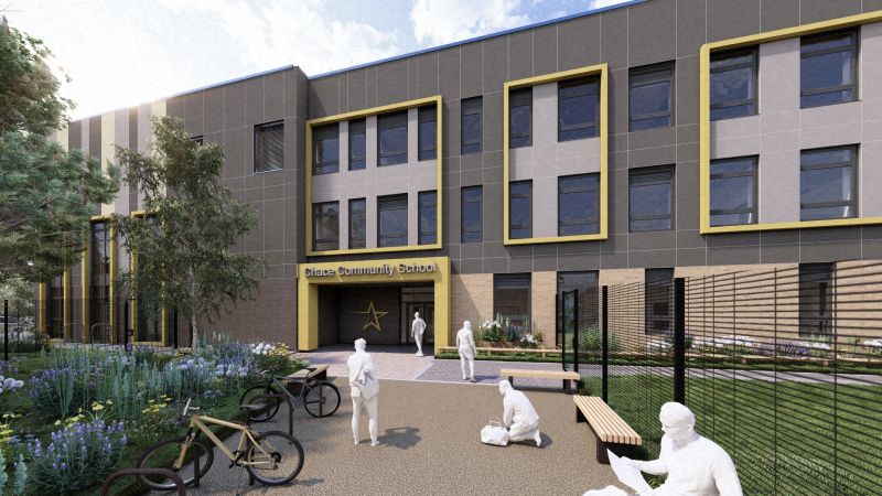 Visual of new school entrance, with trees and people stood around